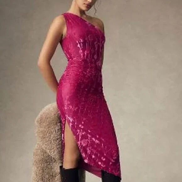 Hutch One-Shoulder Ruched Velvet Dress Pink/Rose/Magenta XL - Picture 1 of 9